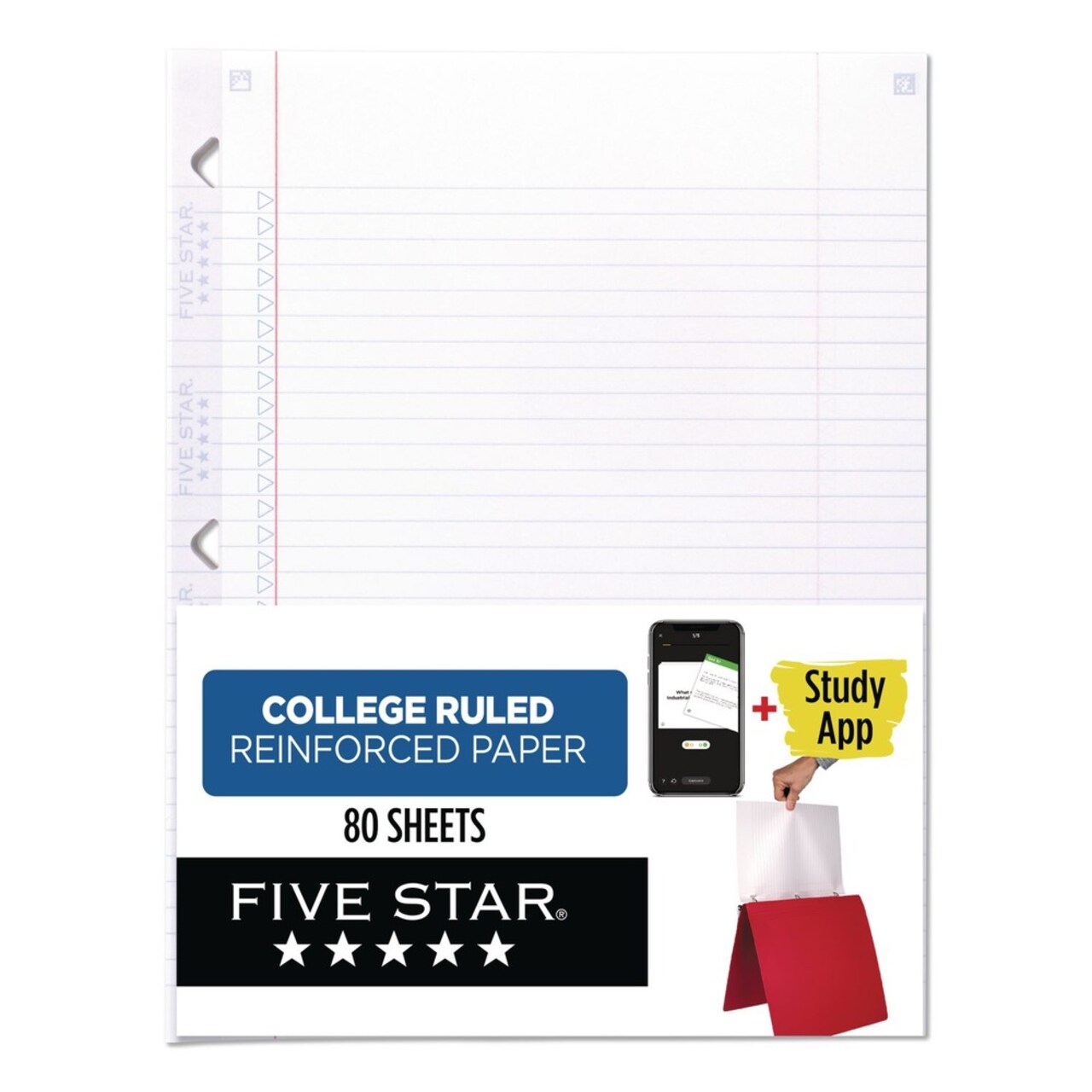 Five Star 3-Hole 8.5 in. x 11 in. College Rule Reinforced Filler Paper Plus Study App - White